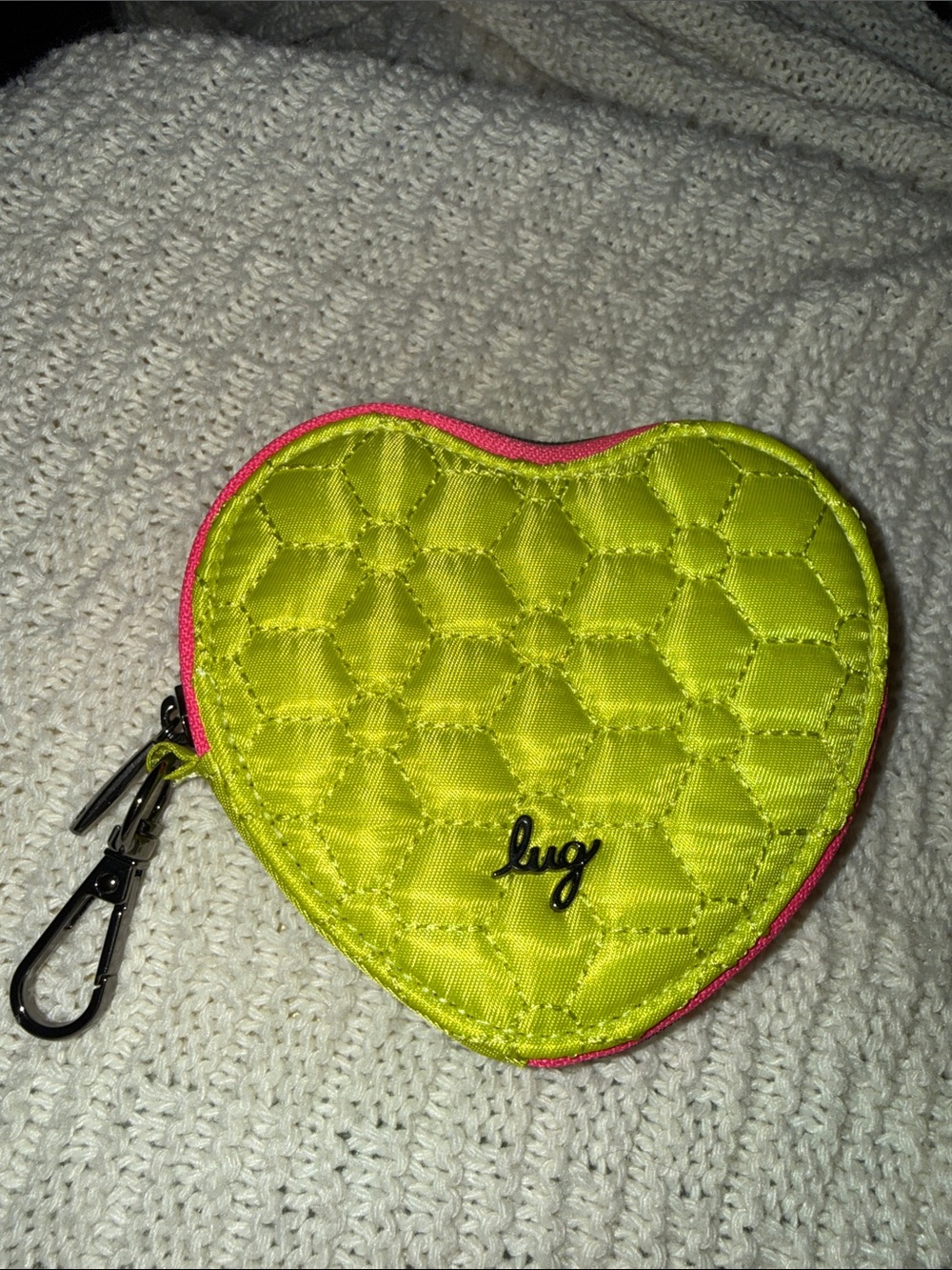 LUG Neon Yellow Quilted Heart Coin Pouch with Pink Trim-NWOT